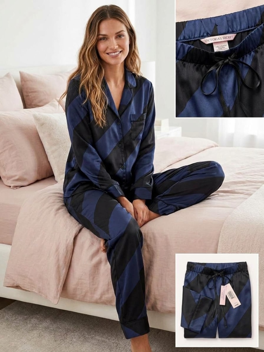 Victoria's Secret Navy & Black Diagonal Stripe silky Lounge Pants in Small New - Picture 2 of 2